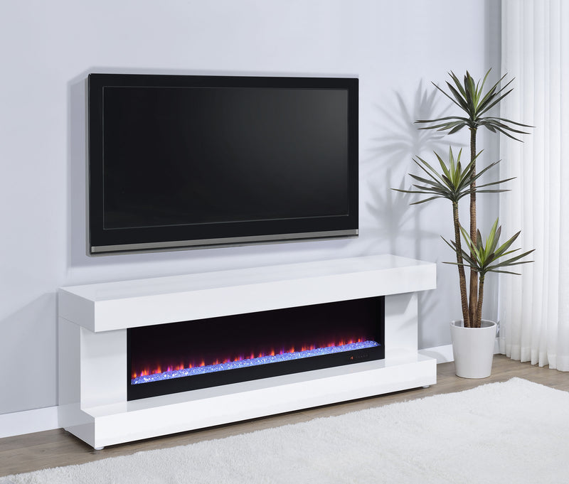 Mueble de TV Mallory con chimenea, consola y altavoz Bluetooth, color negro brillante