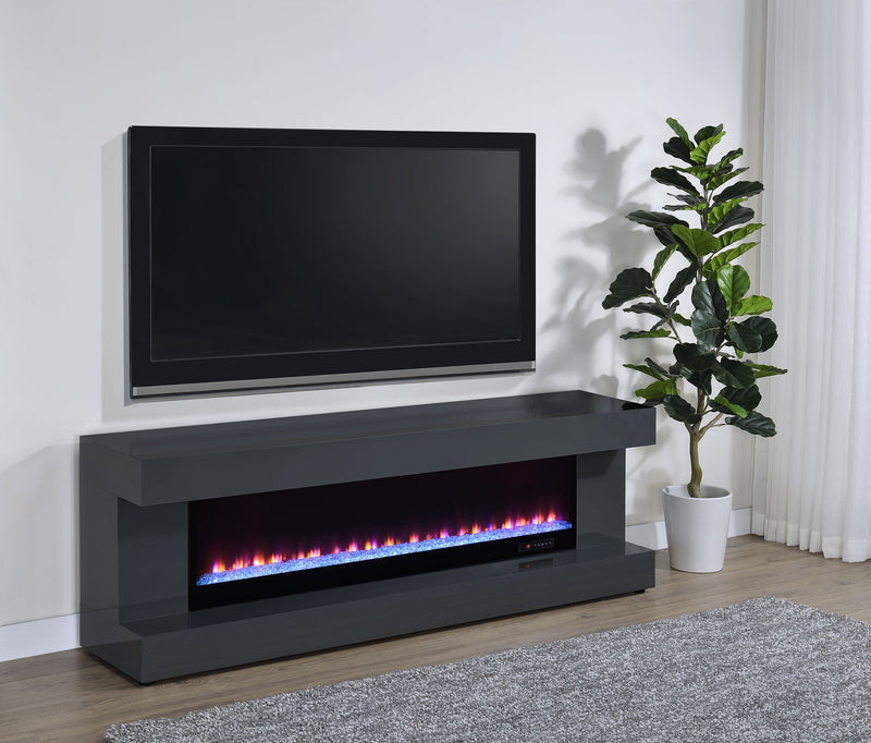 Mueble de TV Mallory con chimenea, consola y altavoz Bluetooth, color negro brillante
