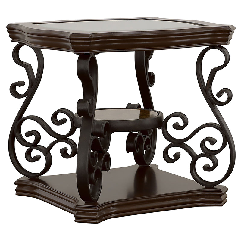 Mesa auxiliar rectangular Laney con tapa de cristal y 1 estante, Merlot oscuro