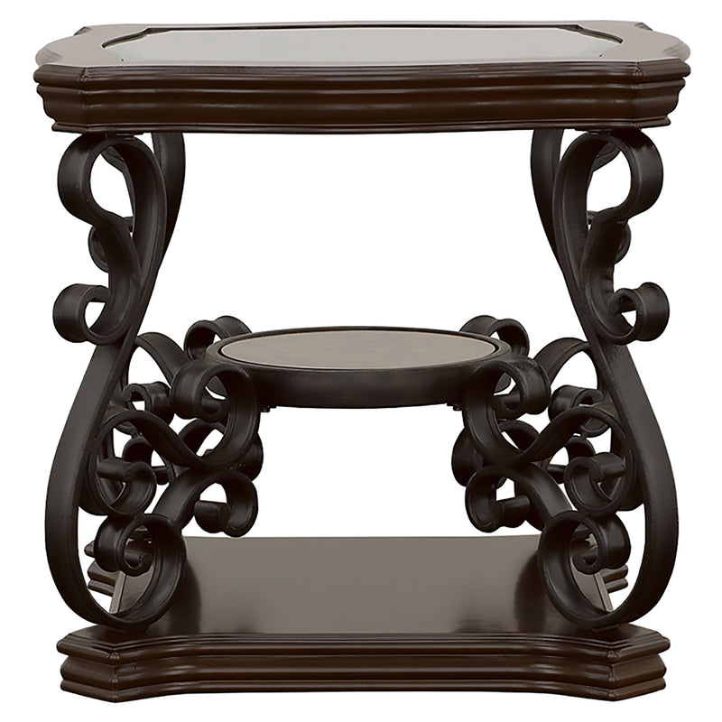 Mesa auxiliar rectangular Laney con tapa de cristal y 1 estante, Merlot oscuro