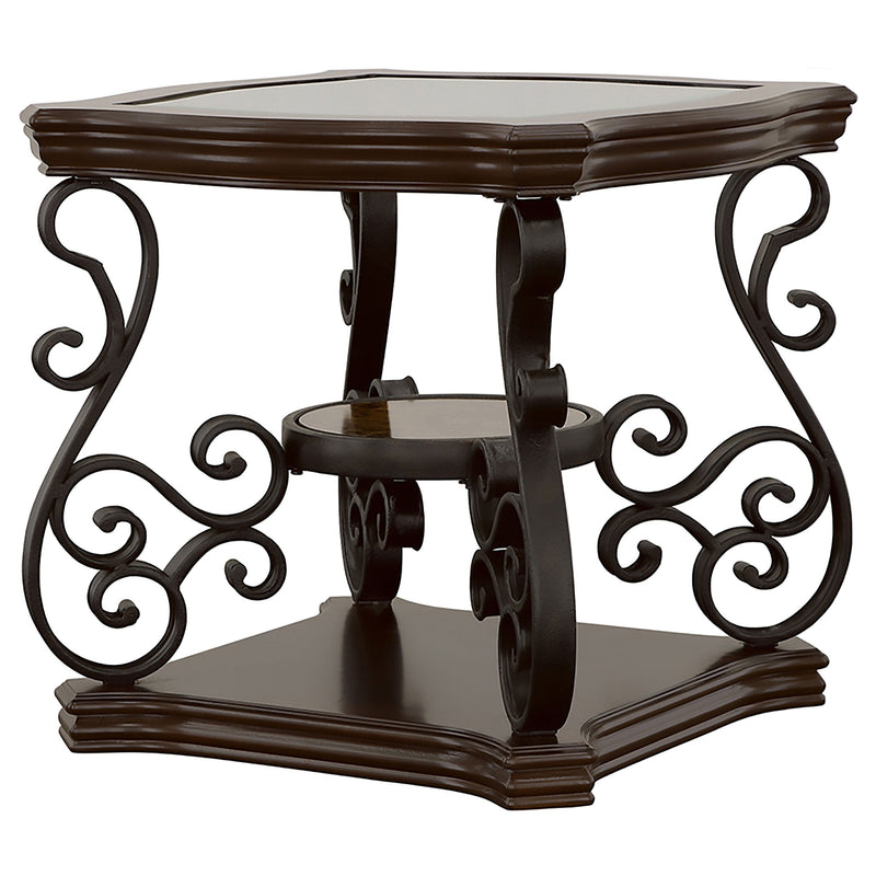 Mesa auxiliar rectangular Laney con tapa de cristal y 1 estante, Merlot oscuro