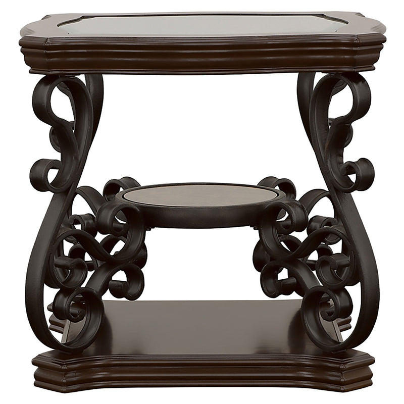 Mesa auxiliar rectangular Laney con tapa de cristal y 1 estante, Merlot oscuro