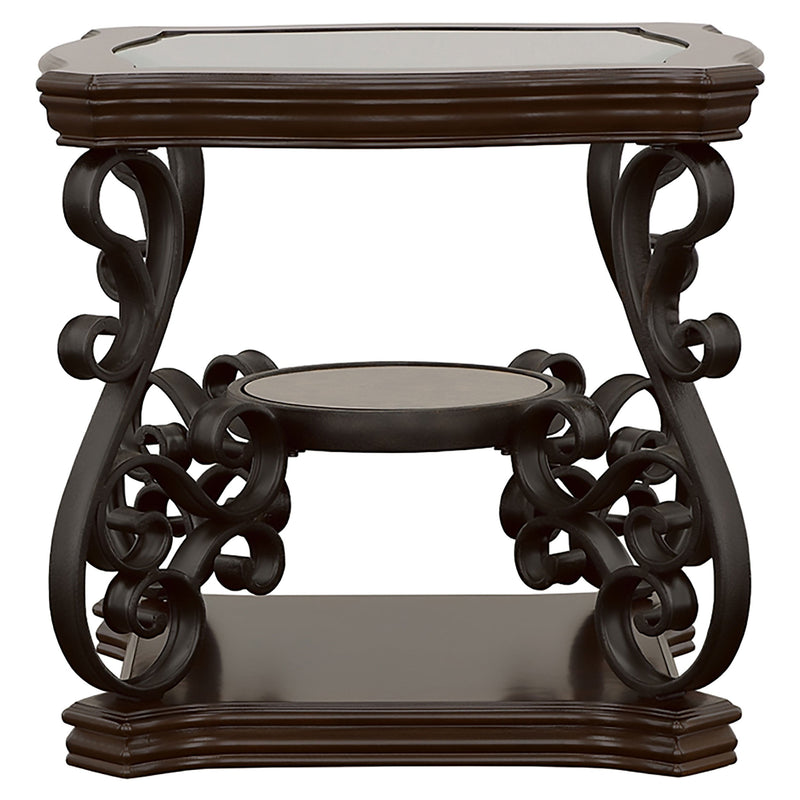 Mesa auxiliar rectangular Laney con tapa de cristal y 1 estante, Merlot oscuro