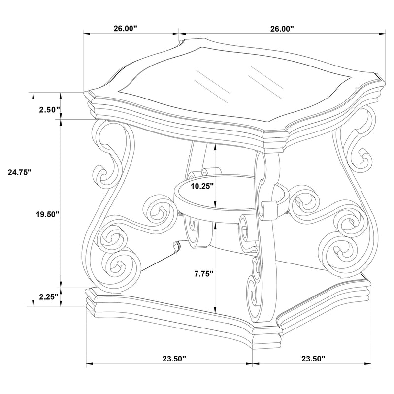Mesa auxiliar rectangular Laney con tapa de cristal y 1 estante, Merlot oscuro