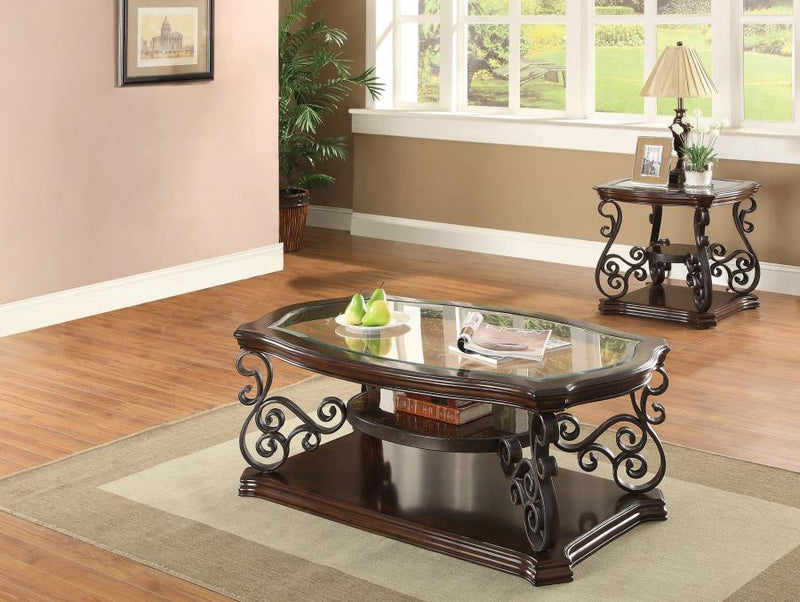 Laney Glass Top Coffee and End Table Set Dark Merlot