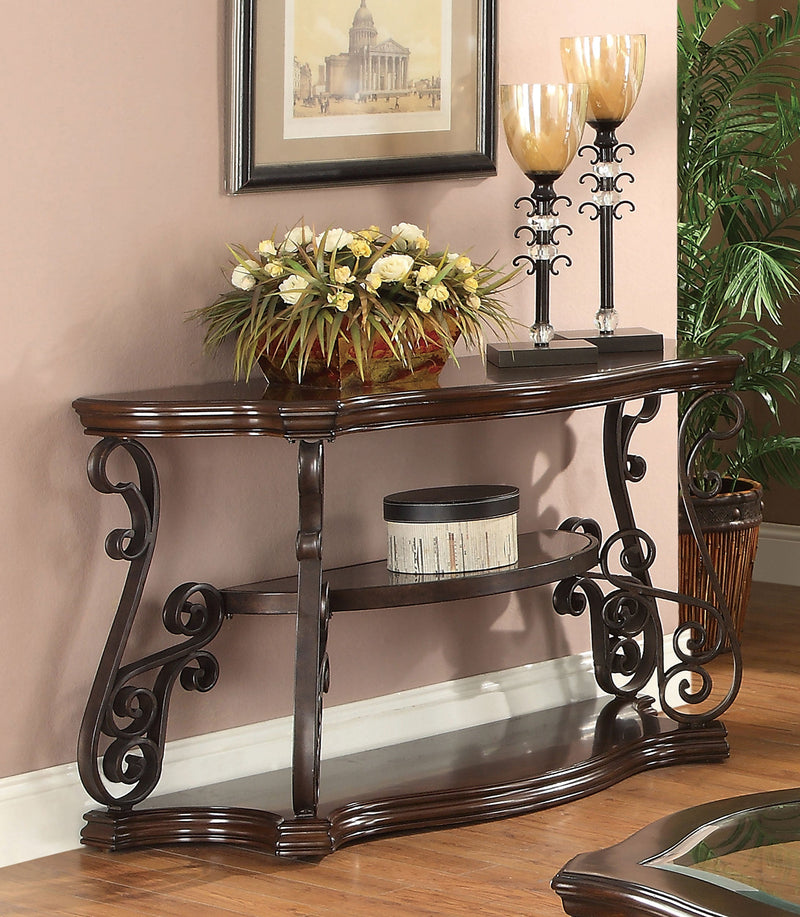 Mesa consola/sofá para recibidor Laney Scrollwork color merlot oscuro