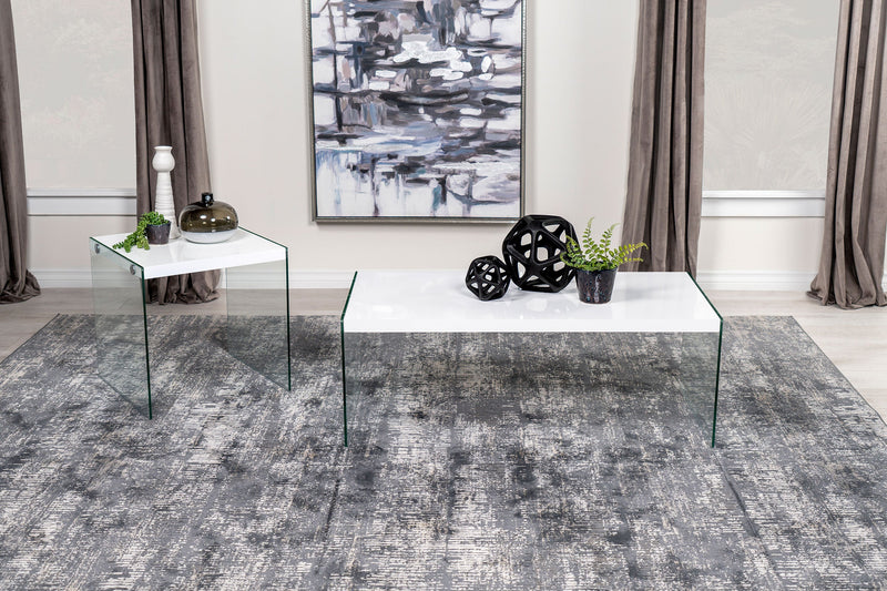 Mesa auxiliar de centro con marco cuadrado de cristal Opal, blanco de alto brillo