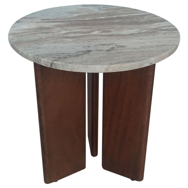 Mesa auxiliar/de centro de madera de mango con tapa de mármol redonda Jenna, color marrón