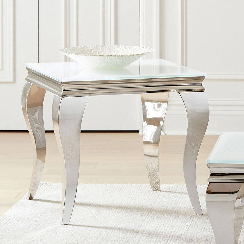 Mesa auxiliar Carone Square con tapa de cristal, color blanco y cromo