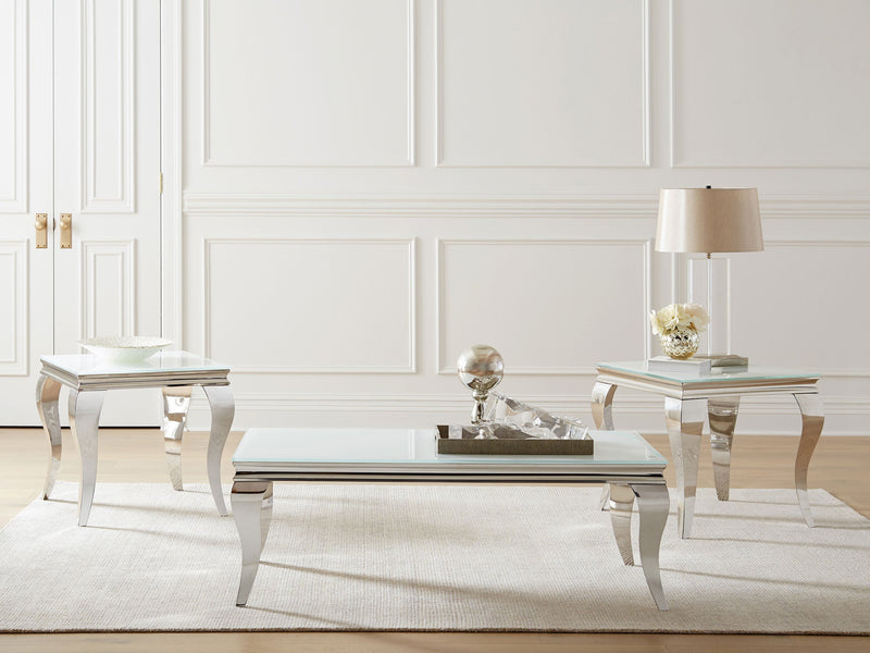 Mesa auxiliar Carone Square con tapa de cristal, color blanco y cromo