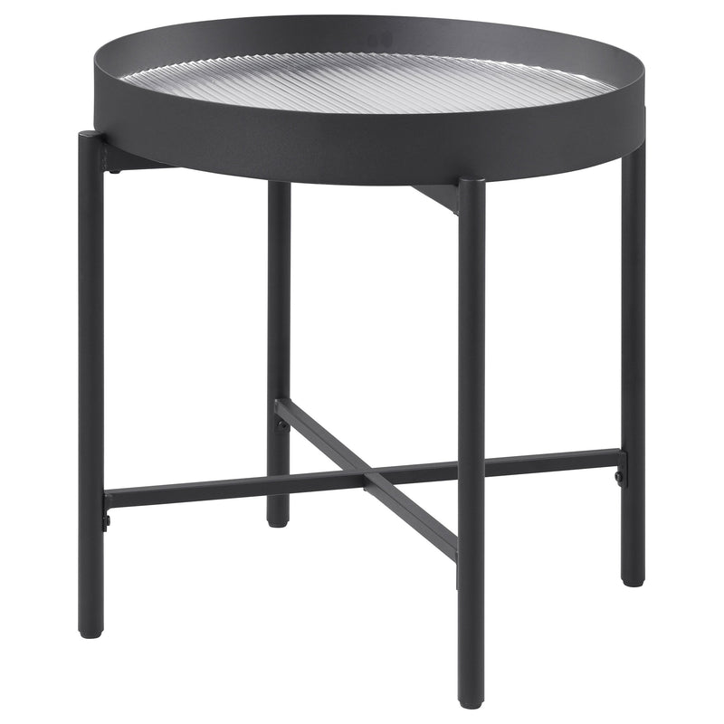 Mesa auxiliar redonda Ozella con tapa empotrada, negro arena