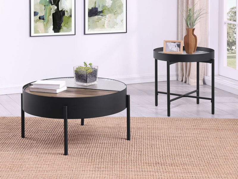 Mesa auxiliar redonda Ozella con tapa empotrada, negro arena