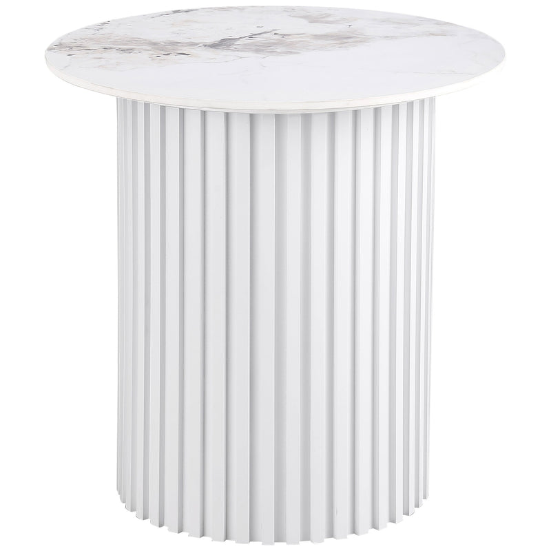 Mesa auxiliar redonda de piedra sinterizada Rowena, imitación mármol blanco