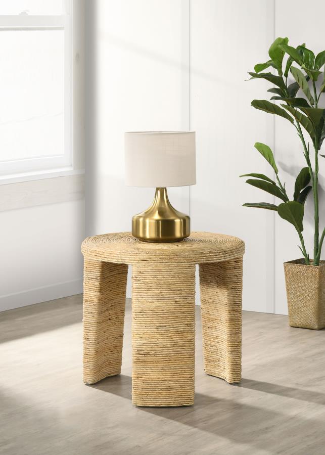 Mesa auxiliar redonda Artina de ratán tejido, marrón natural