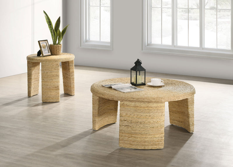 Mesa auxiliar redonda Artina de ratán tejido, marrón natural