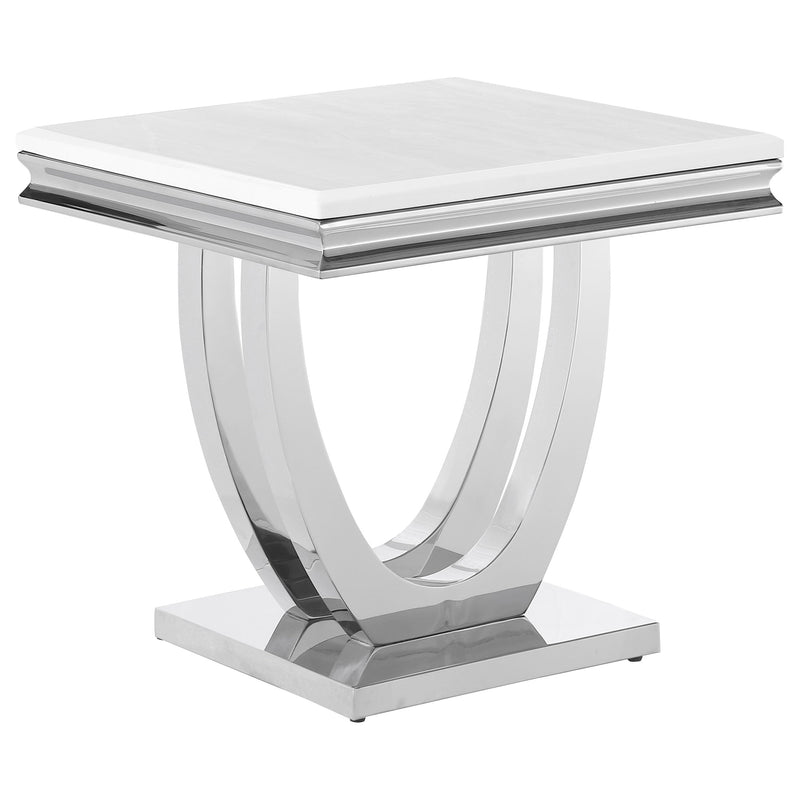 Mesa auxiliar Kerwin Square con tapa de piedra, blanca y cromada