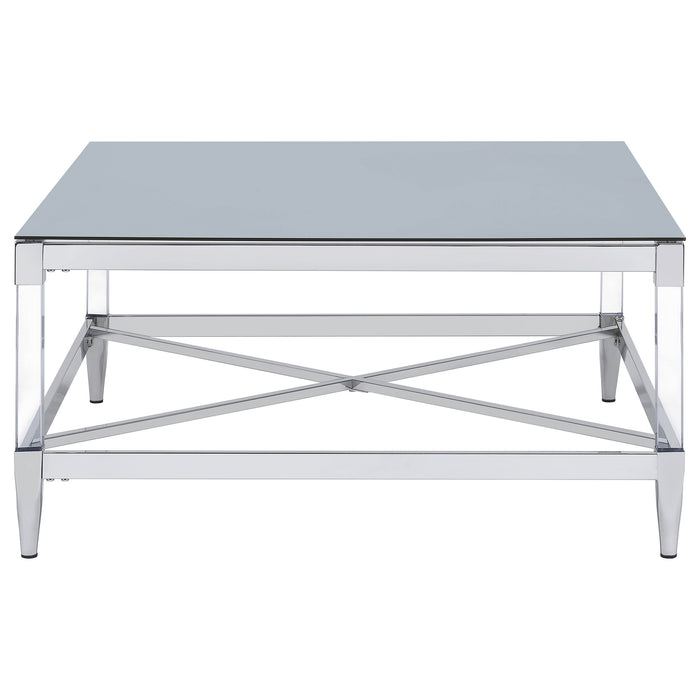 Lindley Square Coffee Table with Acrylic Legs and Tempered Mirror Top Chrome