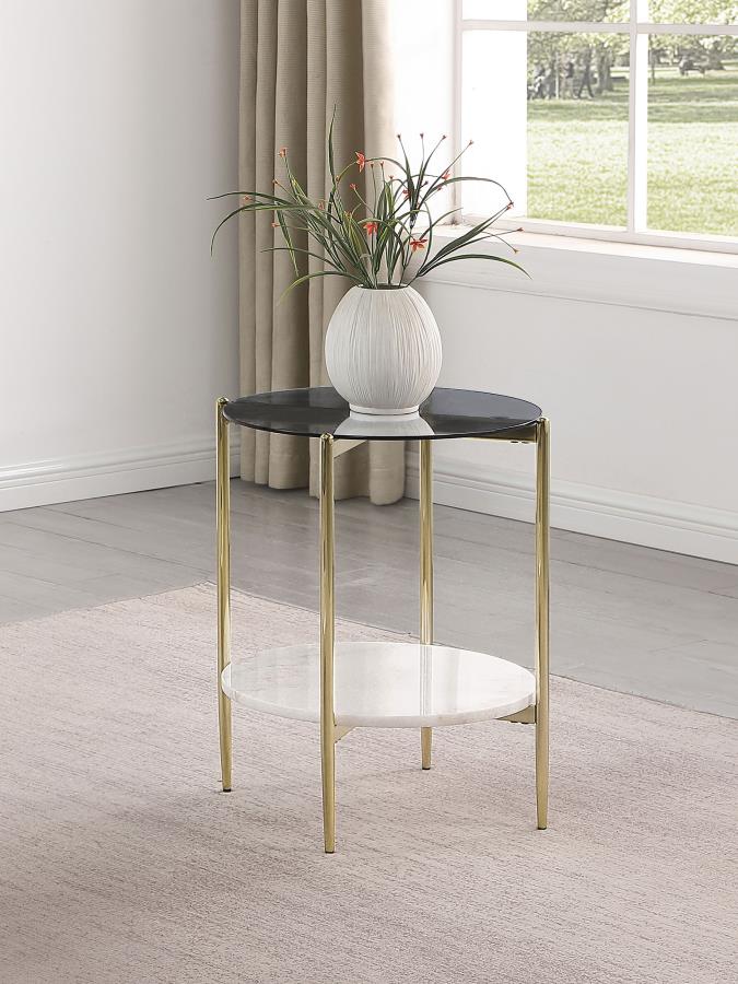 Mesa auxiliar Jonelle con tapa de cristal redonda y estante de mármol blanco dorado