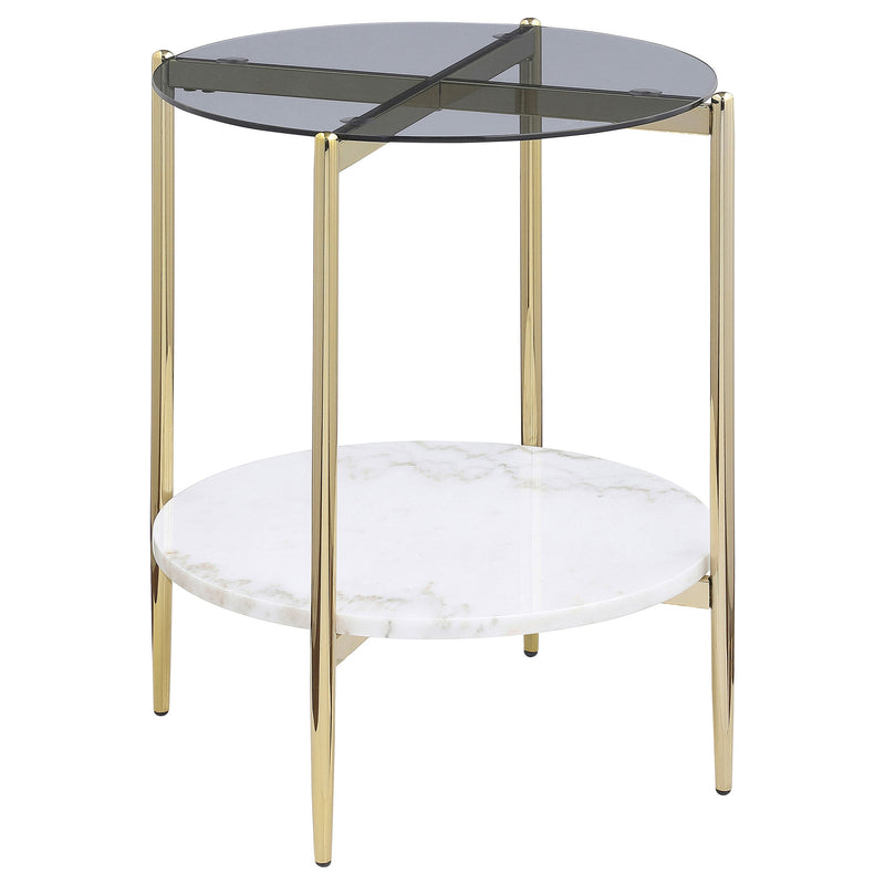 Mesa auxiliar Jonelle con tapa de cristal redonda y estante de mármol blanco dorado
