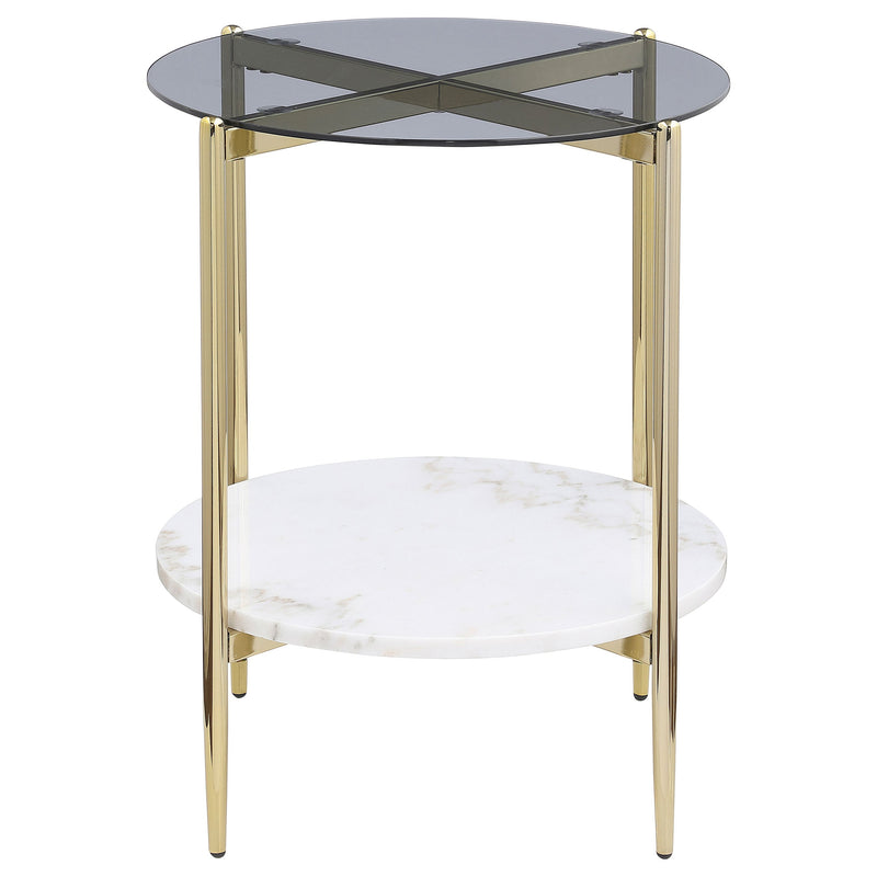 Mesa auxiliar Jonelle con tapa de cristal redonda y estante de mármol blanco dorado
