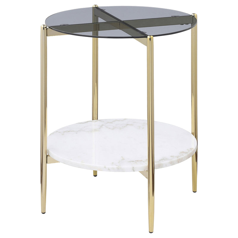 Mesa auxiliar Jonelle con tapa de cristal redonda y estante de mármol blanco dorado