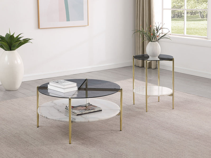 Mesa auxiliar Jonelle con tapa de cristal redonda y estante de mármol blanco dorado