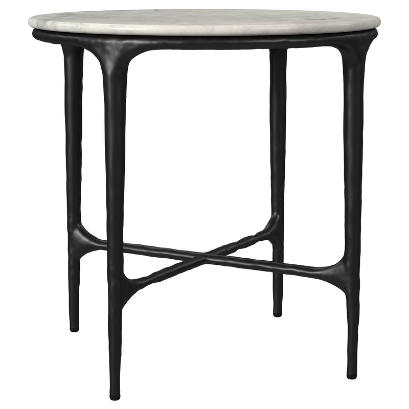 Mesa auxiliar Hermas redonda con tapa de mármol auténtico y base metálica, color blanco