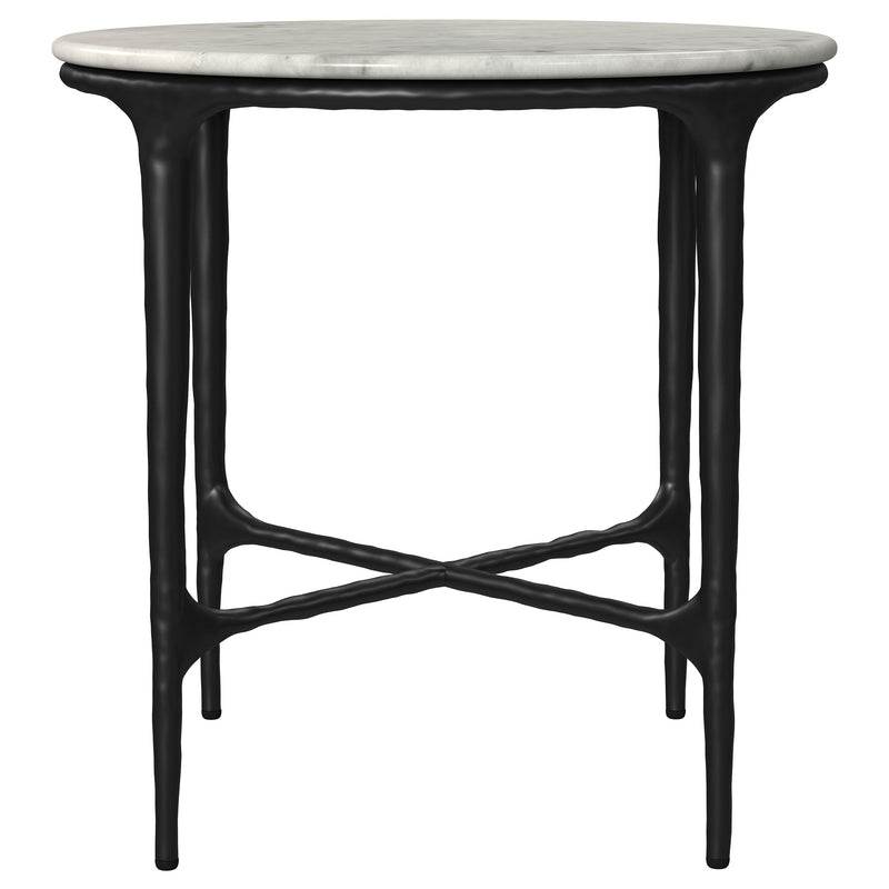 Mesa auxiliar Hermas redonda con tapa de mármol auténtico y base metálica, color blanco