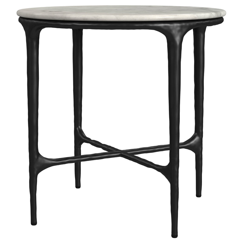 Mesa auxiliar Hermas redonda con tapa de mármol auténtico y base metálica, color blanco