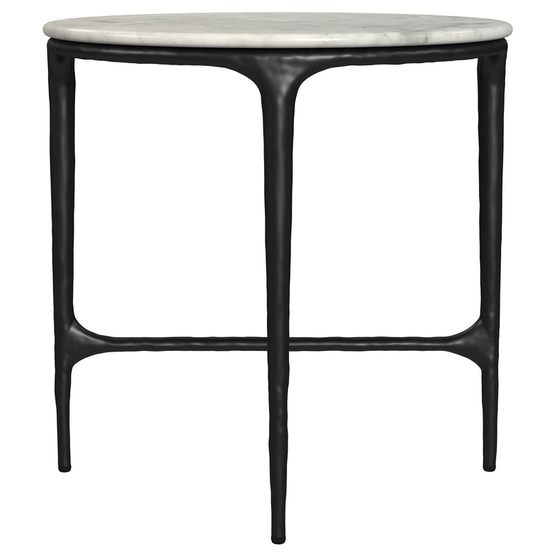 Mesa auxiliar Hermas redonda con tapa de mármol auténtico y base metálica, color blanco