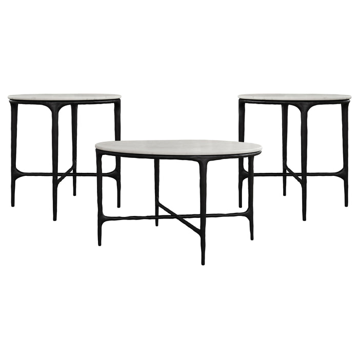 Hermas  Round Marble Coffee and End Table Set White