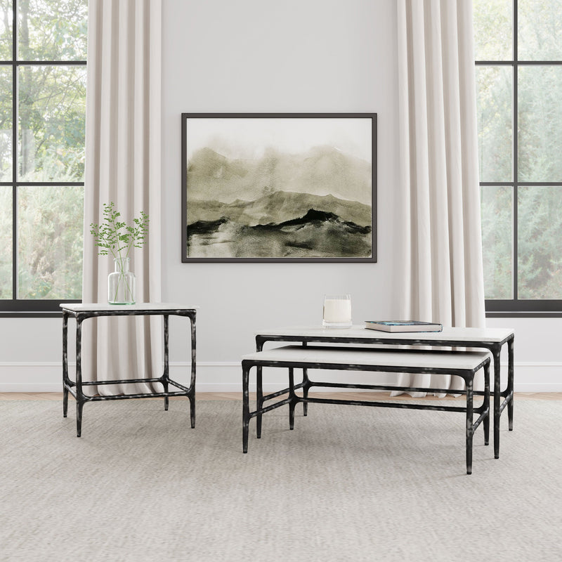 Mesa auxiliar Ebby Square de metal con superficie de mármol auténtico, color blanco