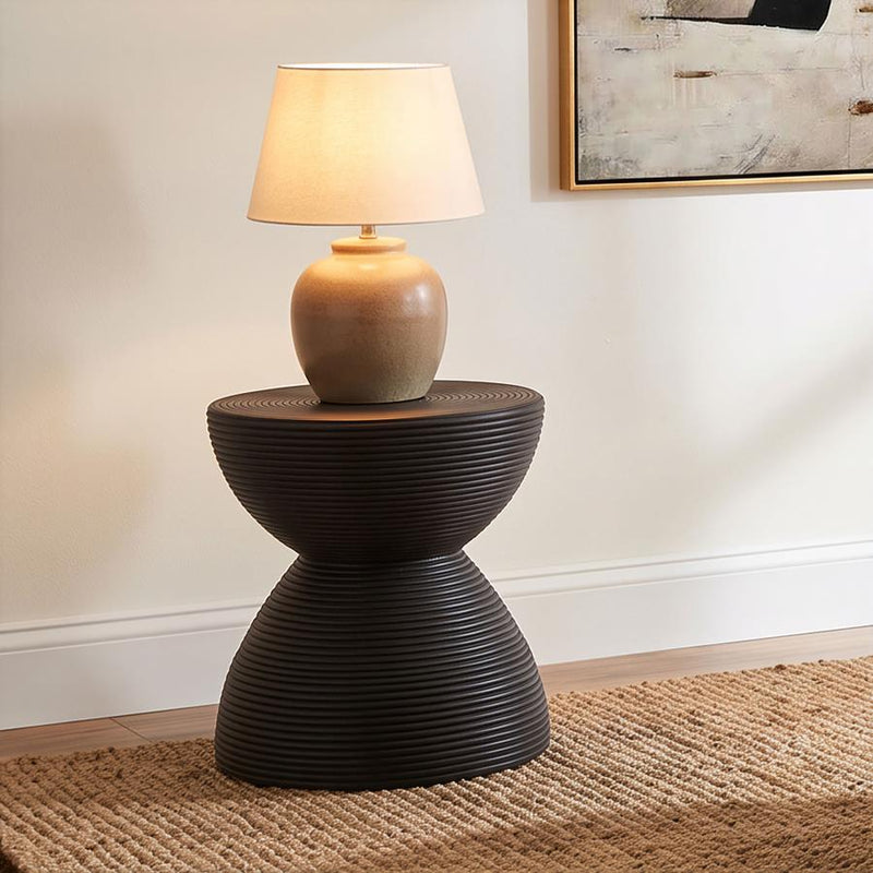 Macedo Round Ribbed Rattan Drum End Table