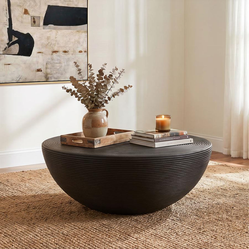 Macedo Round Ribbed Rattan Drum Coffee Table
