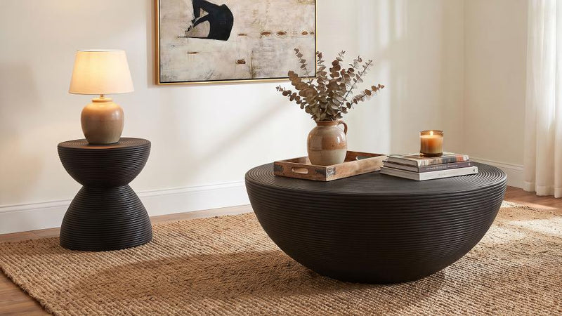 Macedo Round Ribbed Rattan Drum Coffee Table
