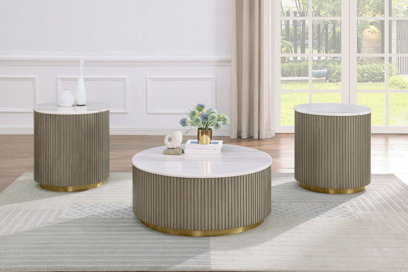 Mesa auxiliar/de centro Jason Round con tapa de mármol blanco y base greige