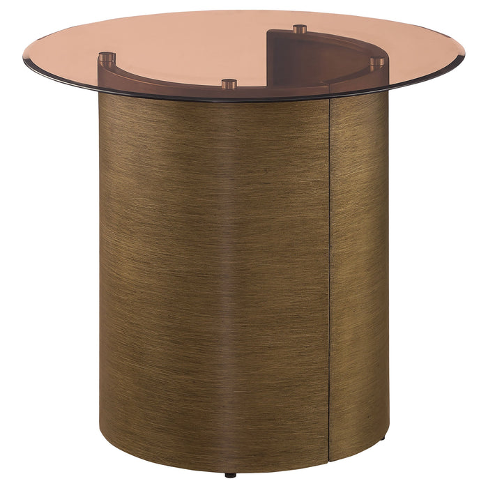 Morena Round End Table with Tawny Tempered Glass Top Brushed Bronze