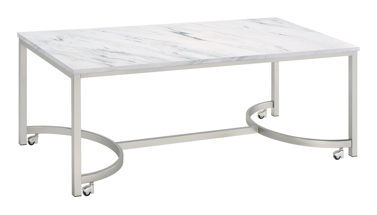 Leona Coffee Table with Casters White and Satin Nickel