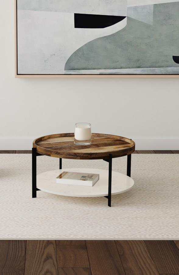 Adhvik Round Wood Top Marble Shelf Coffee Table