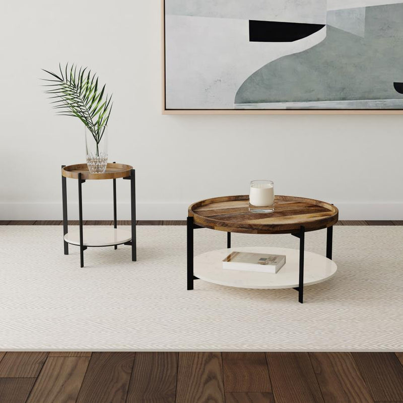 Adhvik Round Wood Top Marble Shelf Coffee Table