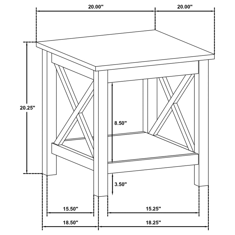 Mesa auxiliar Skyview cuadrada de madera de pino con estante blanca