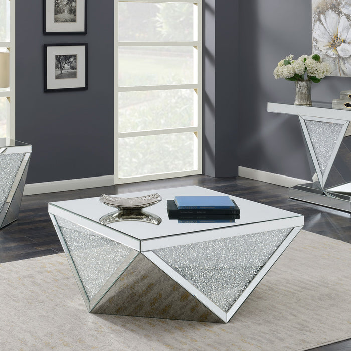 Amore Square Coffee Table with Triangle Detailing Silver and Clear Mirror