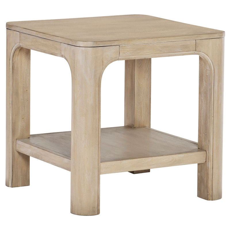 Mesa auxiliar cuadrada de madera Solano con estante, mango envejecido