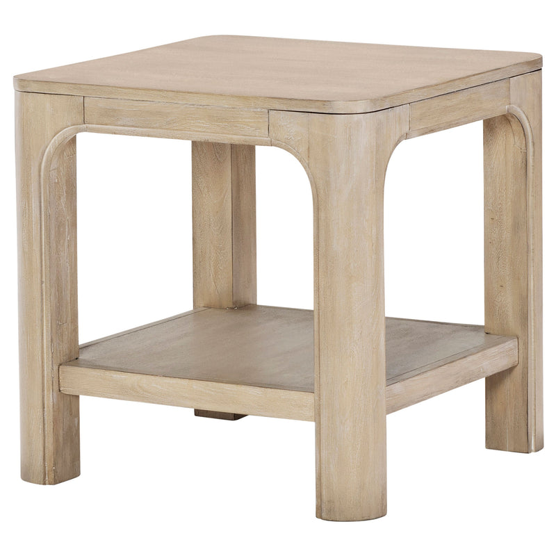 Mesa auxiliar cuadrada de madera Solano con estante, mango envejecido