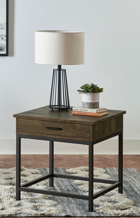 Mesa auxiliar cuadrada Byers con 1 cajón, madera de ingeniería, roble marrón