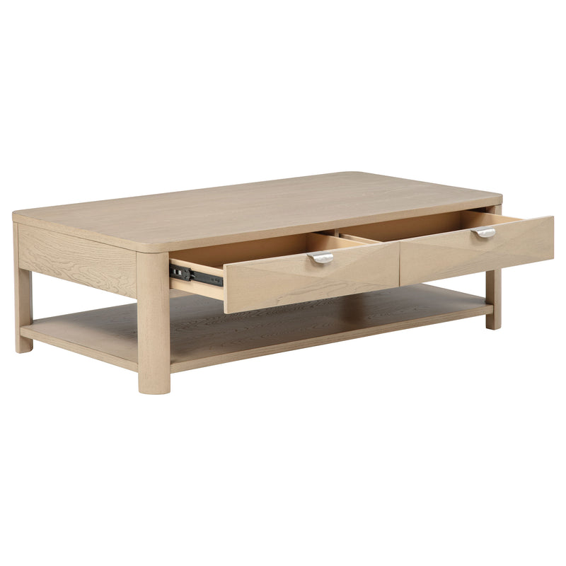 Mesa de centro Marcelo Wood con 2 cajones y estante, olmo claro