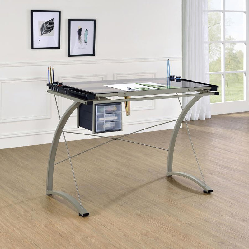 Mesa de dibujo Melo de 41 pulgadas con superficie de cristal y almacenamiento, color plata