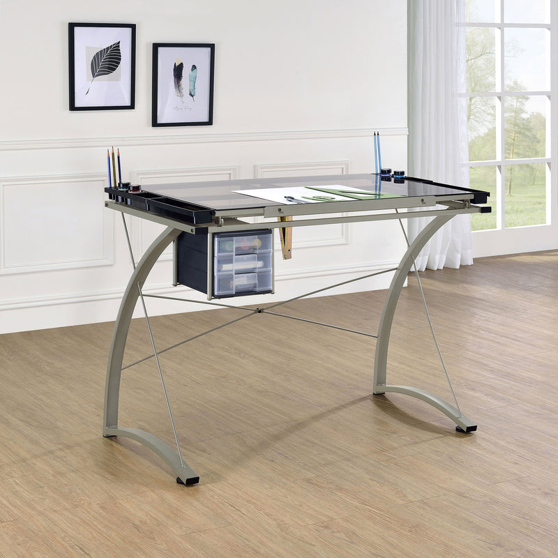 Mesa de dibujo Melo de 41 pulgadas con superficie de cristal y almacenamiento, color plata