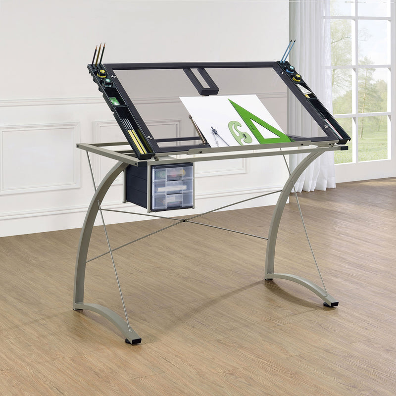 Mesa de dibujo Melo de 41 pulgadas con superficie de cristal y almacenamiento, color plata