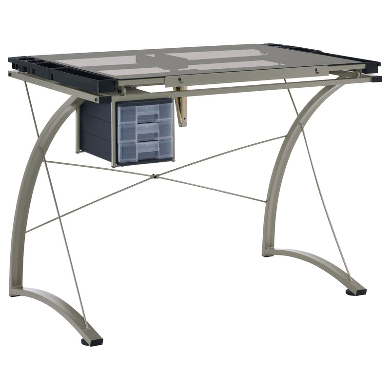 Mesa de dibujo Melo de 41 pulgadas con superficie de cristal y almacenamiento, color plata